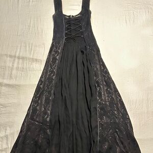Vintage Begotten Black jacquard dress with lace up front - Vintage Goth 90s